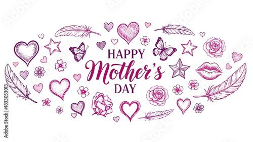 A decorative illustration for Happy Mother's Day with hand-drawn hearts, butterflies, stars, flowers, lips, and feathers in pink and purple.