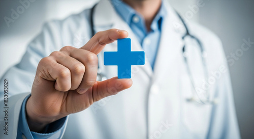 Doctor holding a blue cross symbol representing healthcare and medicine showcasing medical expertise and the importance of health services in a hospital or clinic setting for patient care