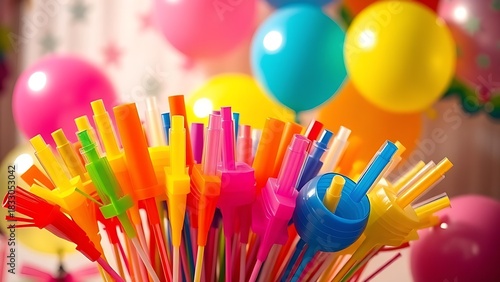 libertarian. Colorful party blowers and balloons on a table, festive celebration with soft lighting. lifestyle magazines.