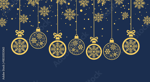 Elegant gold Christmas baubles and snowflakes hanging on dark blue background, festive holiday illustration perfect for seasonal greeting cards, winter banners, invitations and New Year party designs.