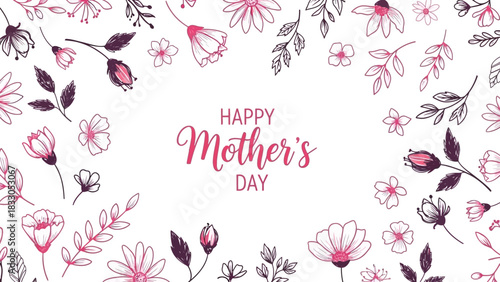 Happy Mother's Day greeting card with hand-drawn pink and purple floral border on a white background, featuring delicate flowers and leaves.