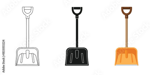 Snow shovels in Three styles vector set line art, silhouette and color version 