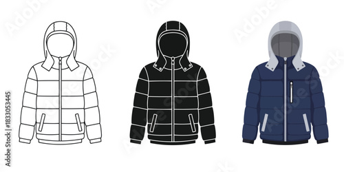 Hooded puffer jacket in Three styles vector set line art, silhouette and color version