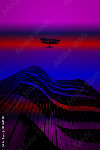 Surreal Biplane Above Wavy Urban Gradient Skyline