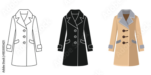 Women's winter trench coats in Three styles vector set line art, silhouette and color version