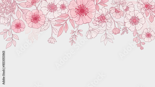 Elegant pink and red floral border illustration with delicate outlines.
