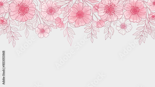 Elegant pink floral border with delicate line art flowers and leaves on a light background.
