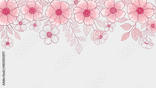 Delicate pink and white floral border illustration with sketched flowers and leaves on a light background.