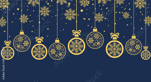 Elegant gold Christmas baubles and snowflakes hanging on dark blue background, festive holiday illustration perfect for seasonal greeting cards, winter banners, invitations and New Year party designs.