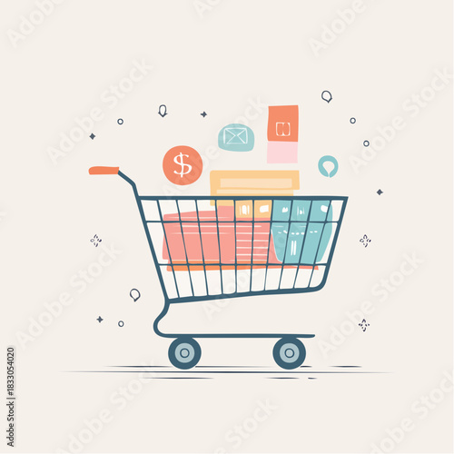 Shopping Cart Filled With Various Goods And Merchandise On A Light Neutral Background With Small Decorative Elements