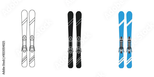 Three styles vector set line art, silhouette and color version set of three pairs of alpine skis in different styles outline, black, and blue