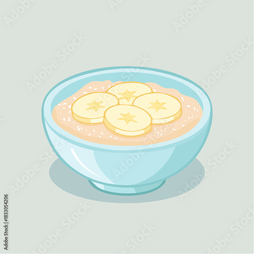 Pixel Art Oatmeal Bowl Topped With Banana Slices and Coconut Flakes on Light Blue Background