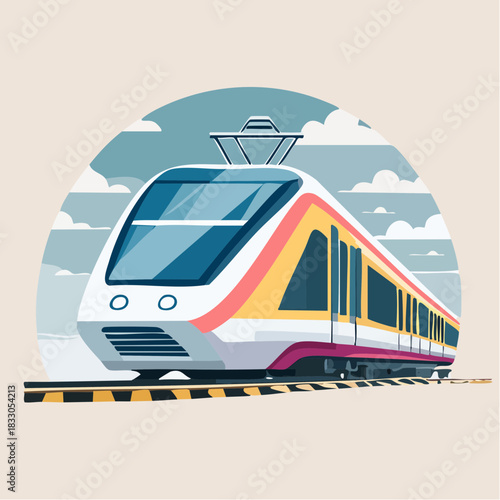 Modern Passenger Train Traveling On Tracks Under Cloudy Sky With Arching Background Landscape