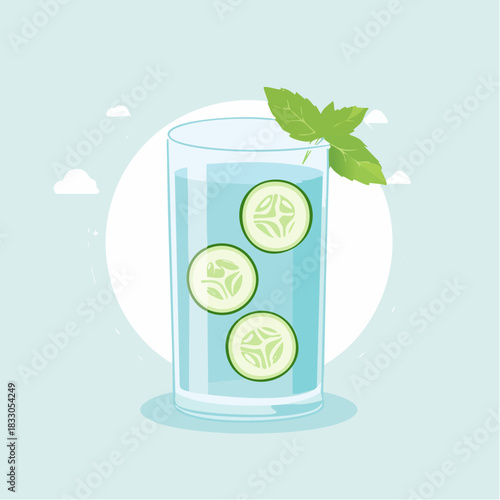 Clear Glass Filled With Water And Sliced Cucumbers With Mint Leaf Garnish Light Blue Background With Clouds