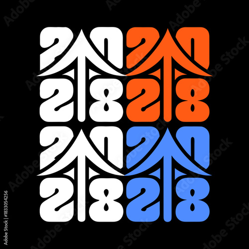 Upward arrow emblem integrated with numbers 2028 in white orange and blue