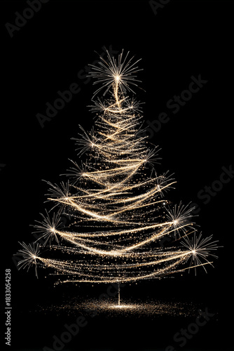 subtle, minimalist mix of line art and sparkles: abstract christmas tree made of monochrome lights isolated over black background