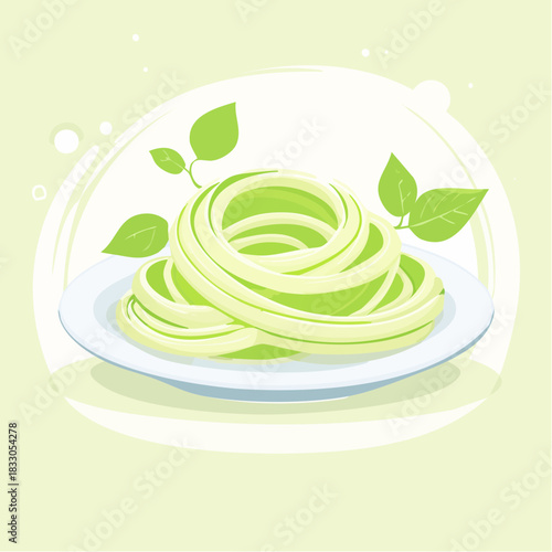 Pixel Art Plate of Light Green Zucchini Noodles with Fresh Green Basil Leaves and Soft Yellow Background