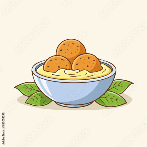 Bowl of Three Golden Brown Falafel Balls Served in Creamy Tahini Sauce Garnished with Green Leaves on Light Yellow Background