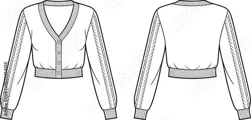 Front and back cardigan line art vector, cable knit sleeve fashion sketch, button up cropped sweater outline, minimalist women apparel illustration isolated