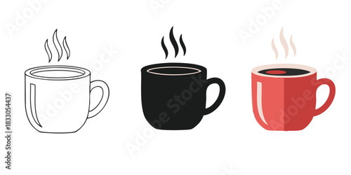 Steaming hot beverage mugs in Three styles vector set line art, silhouette and color version