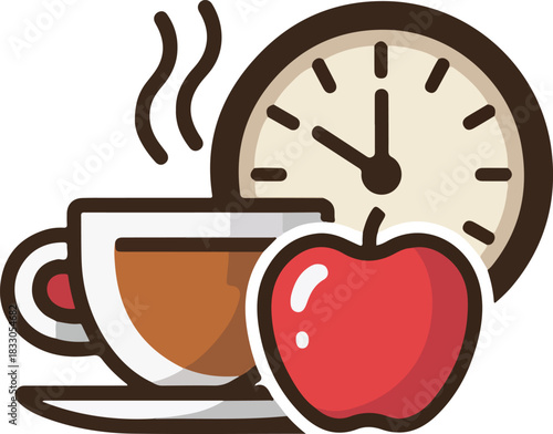 Vector icon showing a steaming cup of hot beverage a fresh red apple and a classic wall clock
