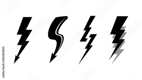 Lightning Bolt Silhouette Vector Set — Sharp Zigzag, Soft Curved, Twin Strike, Double Layered, Electric Energy Icon Illustration

