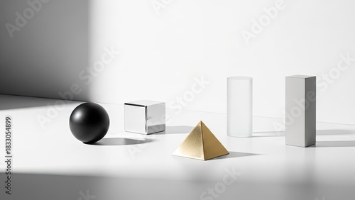 Abstract Geometric Shapes Composition with Black Sphere, Gold Pyramid, White Cube, Cylinder, and Cuboid on an Isolated White Background, Minimalist Art