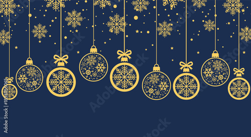Elegant gold Christmas baubles and snowflakes hanging on dark blue background, festive holiday illustration perfect for seasonal greeting cards, winter banners, invitations and New Year party designs.