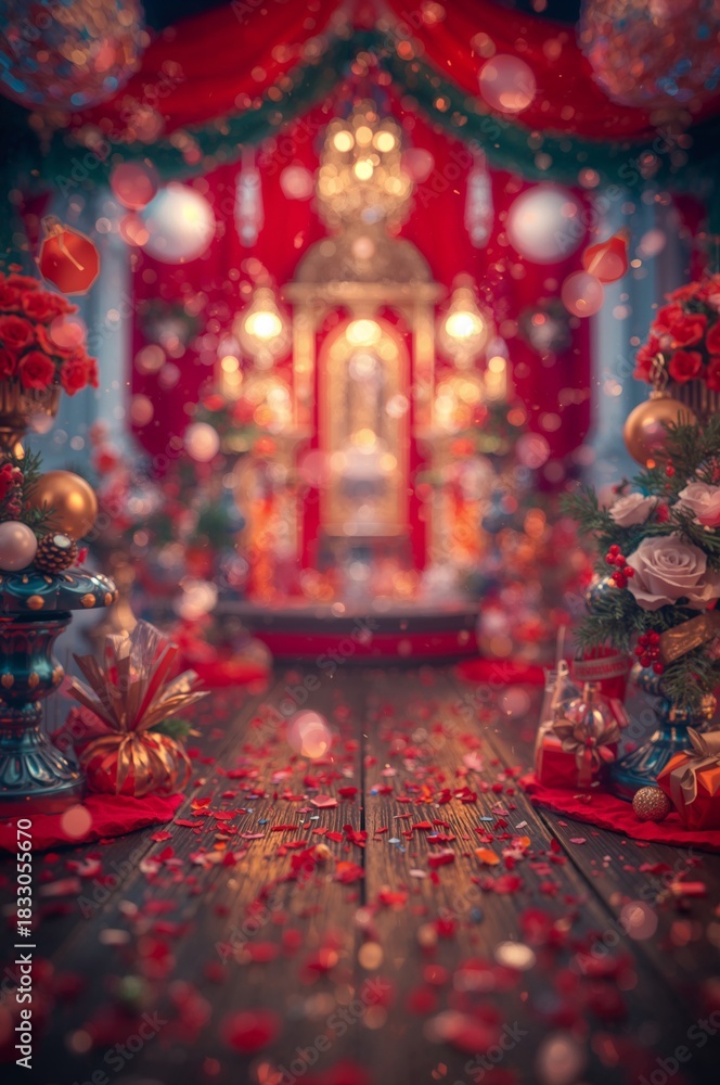 Fototapeta premium Colorful Celebration Setup With Flowers, Decorations, and Warm Lights During a Festive Season
