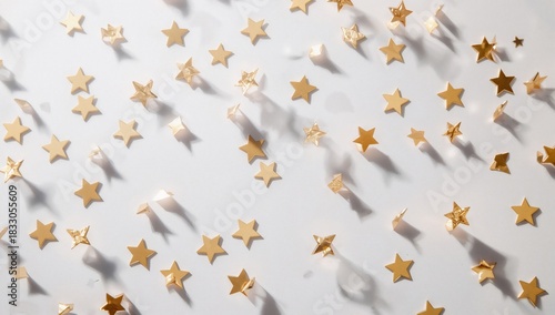 Glittering Gold Stars Scattered Across a White Surface Create a Festive and Bright Atmosphere