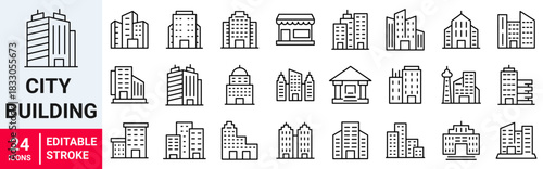 City Building web line icons set. House, office, building, architecture, city, hospital, school, bank, church, hotel icon. Editable stroke. Vector