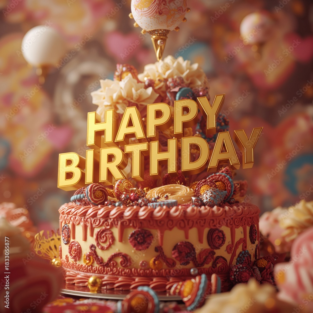 Naklejka premium Celebrate a Special Birthday With a Colorful Cake and Festive Decorations at a Joyful Gathering