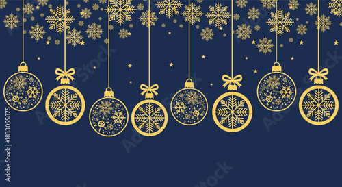 Elegant gold Christmas baubles and snowflakes hanging on dark blue background, festive holiday illustration perfect for seasonal greeting cards, winter banners, invitations and New Year party designs.