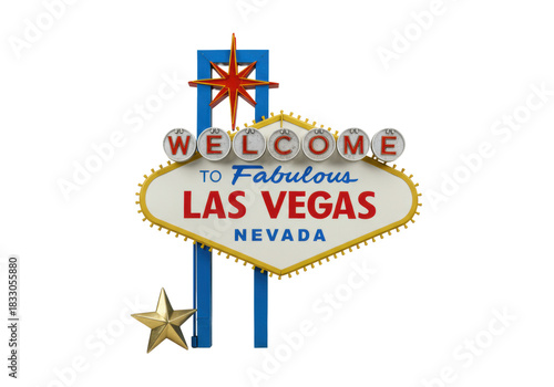 Iconic Las Vegas sign (starburst, 'WELCOME'), small polished brass star mirroring it, on transparent, bright studio lighting, 45-degree, iconic recognition and commercial concept