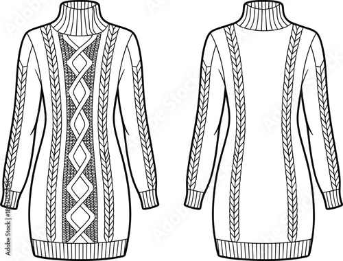 Front and back turtleneck sweater dress line art vector, cable knit winter fashion sketch, long sleeve bodycon knitted tunic outline, minimalist women 