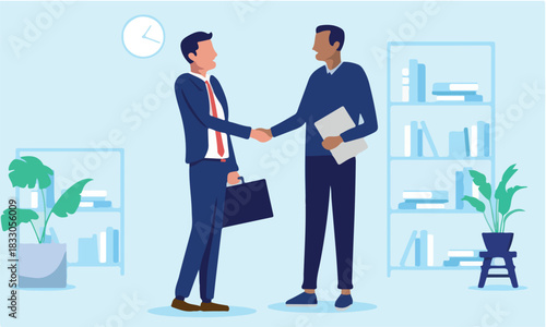 Business deal handshake - Two diverse businesspeople men, negotiating, shaking hands and being friendly over agreement and cooperation indoors in office. Flat design stock illustration.