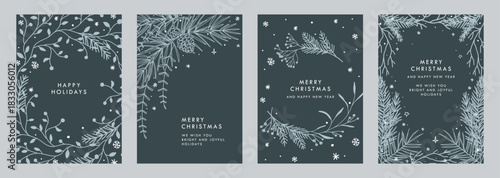 Christmas and New Year's holidays card vector set. Elegant backgrounds with fir branches, pinecone, Christmas tree, wreath of winter plants. Illustrations for cover, print, poster, ads, invitation
