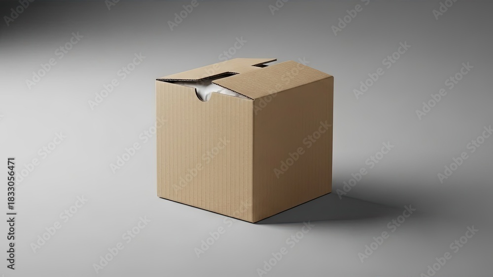 Obraz premium Slightly open plain brown cardboard box on a neutral gray background, representing packaging and delivery.