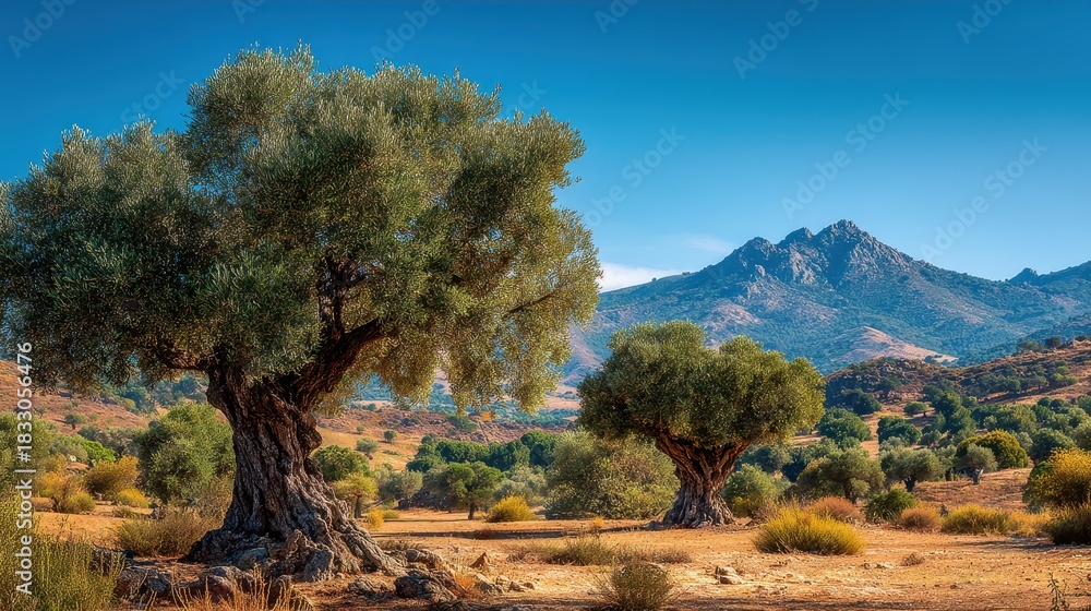 Fototapeta premium Idyllic landscape with olive trees, rolling hills, and a blue sky backdrop. Ideal for travel brochures, nature blogs, or Mediterranean themed designs.