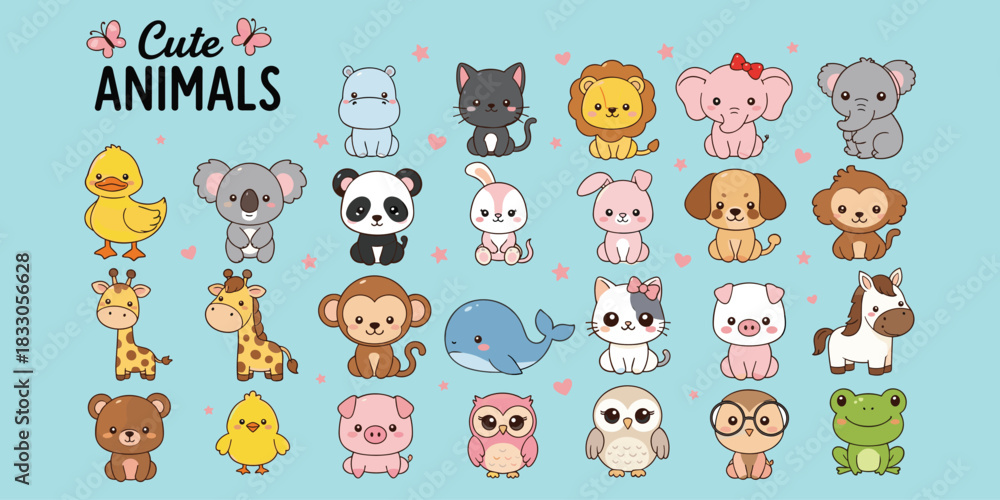 Obraz premium Cute animals illustration, cartoon style, colorful grid, butterflies and hearts, kids theme, playful design, flat vector illustration