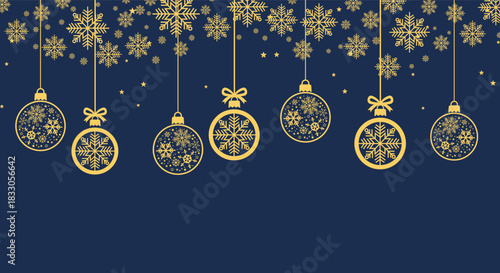 Elegant gold Christmas baubles and snowflakes hanging on dark blue background, festive holiday illustration perfect for seasonal greeting cards, winter banners, invitations and New Year party designs.