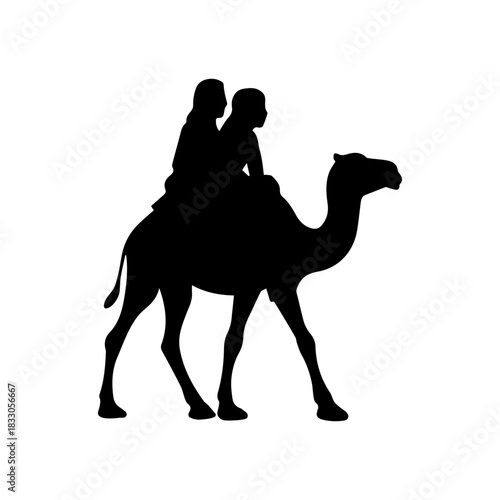 Couple riding a dromedary camel, symbolizing desert travel and nomadic life