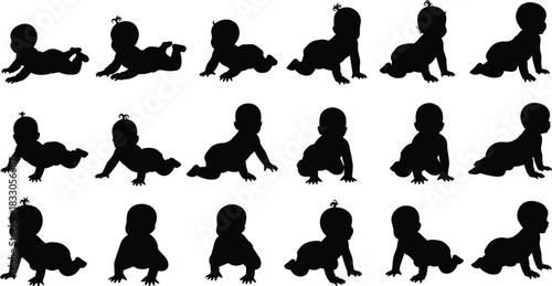 Cute Baby Infant and Toddler Black Silhouette Vector Set: Crawling, Sitting, and Lying Poses Collection for Maternity, Childcare, Kids Product, and Pediatric Design Elements, Isolated.