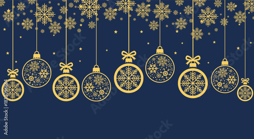 Elegant gold Christmas baubles and snowflakes hanging on dark blue background, festive holiday illustration perfect for seasonal greeting cards, winter banners, invitations and New Year party designs.