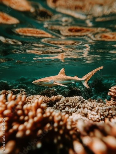 Shark swimming gracefully over a vibrant coral reef underwater scene