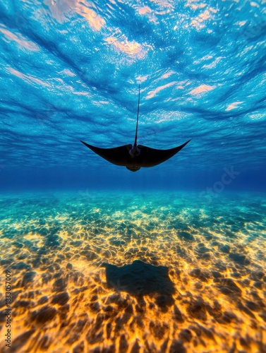 Majestic Ray Gliding Beneath Waves in Crystal Clear Ocean Water