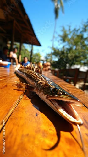 Fresh Barracuda Catch Displayed on Rustic Wooden Table Outdoors