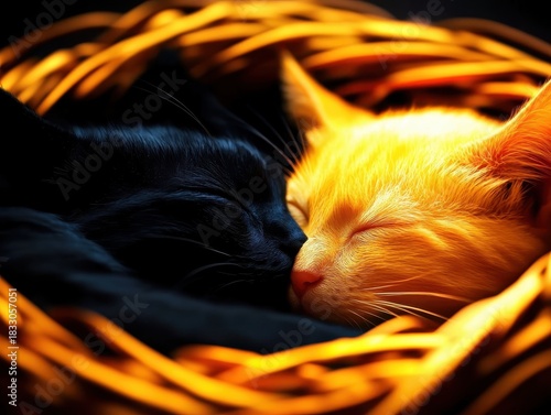 Sweet Dreams of Two Cats Nestled Together in a Cozy Basket