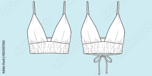 Fashion bralette, technical sketch, front view, back view, garment construction, elastic band, bow detail, straps, flat vector illustration