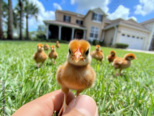 Cute Baby Chicks in Green Grass Near a Residential Home Setting